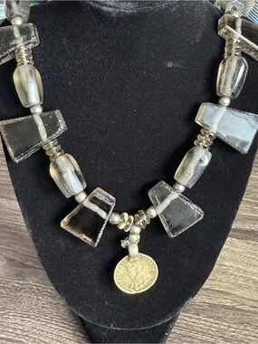 Handcrafted Glass Bead Necklace with British India Half Rupee Coin 1936 Fair